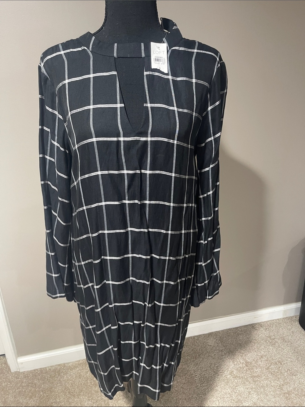 LOFT Black Windowpane Long-Sleeve Tunic Dress
